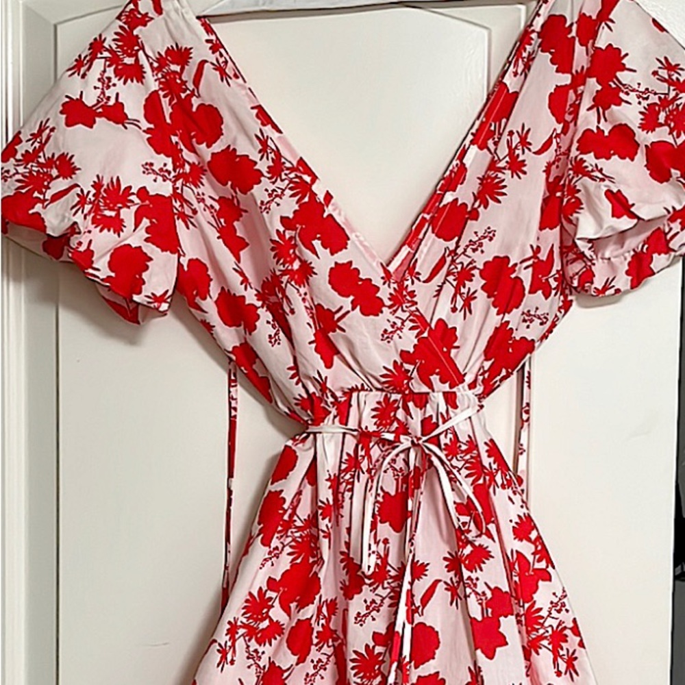 Aakaa full mini dress, white with orange floral pattern